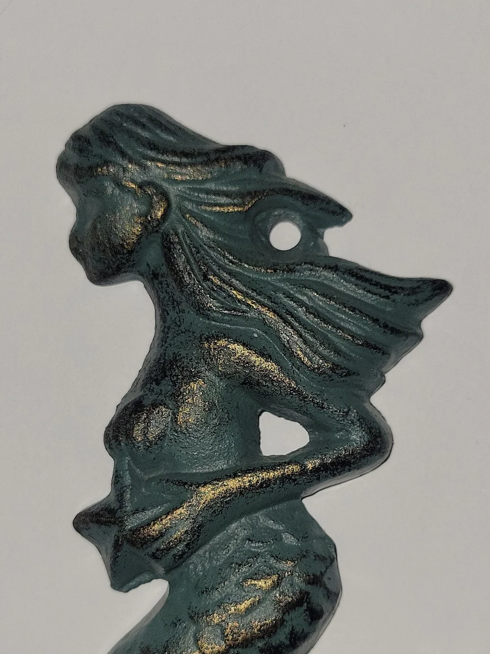 Vintage Cast Iron Mermaid Wall Hook in Teal-Green